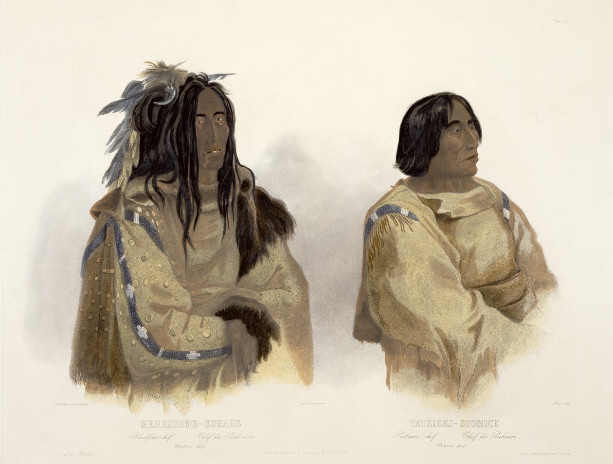 Mehkskeme-Sukahs, Blackfoot Chief ve Tatsicki-Stomick, Piekann Chief, Allais tarafından kazınmış, 1844 (aquatint) 'Kuzey Amerika'nın İçlerindeki Seyahatler'in 2. cildinden plaka 45 by Karl Bodmer