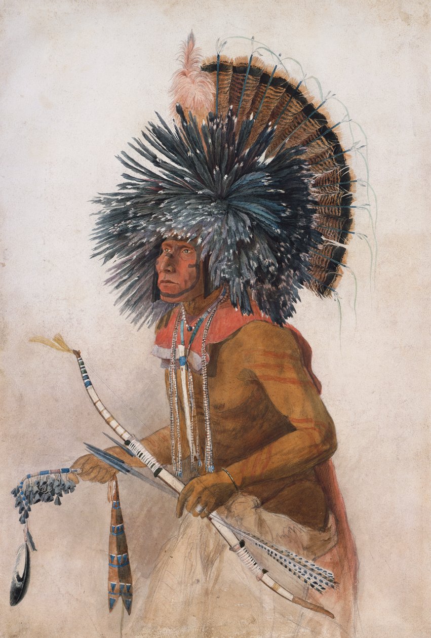 Pehriska-Ruhpa, Hidatsa savaşçısı, Köpek Dansı kostümü içinde by Karl Bodmer