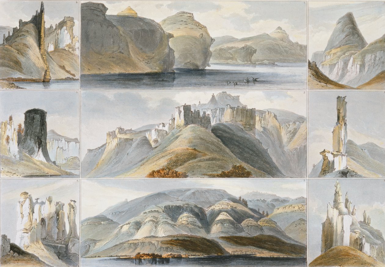 Yukarı Missouri'deki Olağanüstü Tepeler, Friedrich Salathe (1793-1858) 1844 (aquatint) tarafından kazınmış 'Kuzey Amerika'nın İç kısımlarındaki Seyahatler'in 2. Cildinden 34 numaralı levha by Karl Bodmer