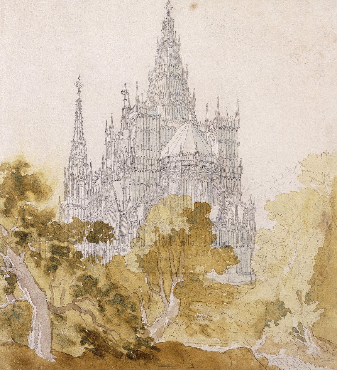 Bauman yakınlarında bir Gotik Katedrali; Ağaçların Arkasında Gotik Bir Katedral, 1814-15 by Karl Friedrich Schinkel