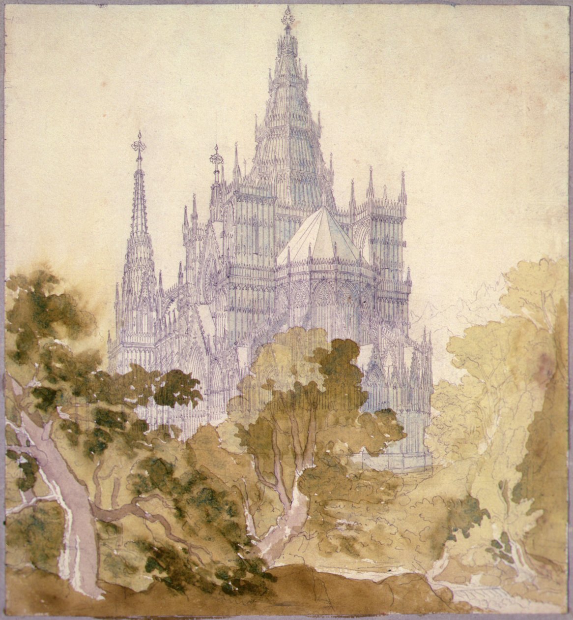 Gotik Kiliseli Ormanlık Bir Manzara (kalem, mürekkep ve sulu boya) by Karl Friedrich Schinkel