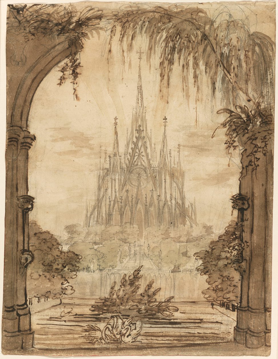 Kuğularla Bir Göletin Arkasındaki Gotik Katedral by Karl Friedrich Schinkel