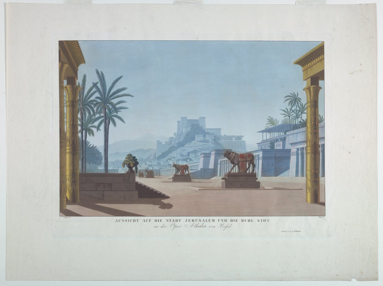 Sahne Tasarımı: Athalia için Kudüs ve Zion Dağı by Karl Friedrich Schinkel