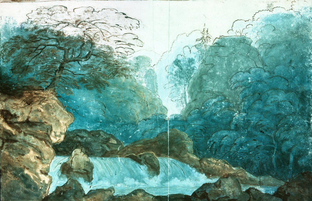 Bir ahşap şelale, Undine üretimi için set tasarımı, (kağıt üzerinde wc) by Karl Friedrich Schinkel