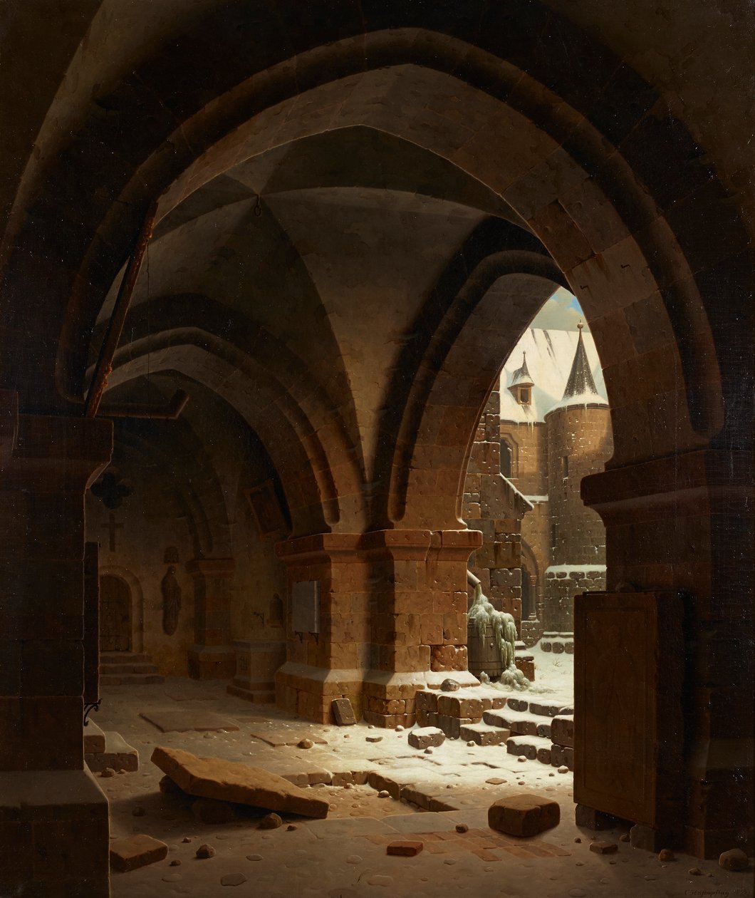 Kışın manastır avlusunun görünümü by Carl Georg Adolph Hasenpflug