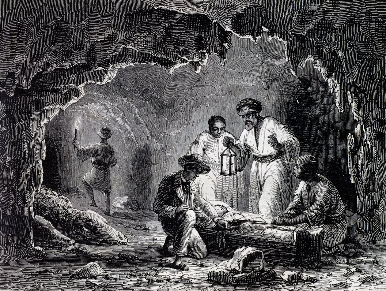Samoun mağaralarındaki arkeolojik keşifler, Karl Girardet'in (1813-1871) çizimine dayalı gravür by Karl Girardet