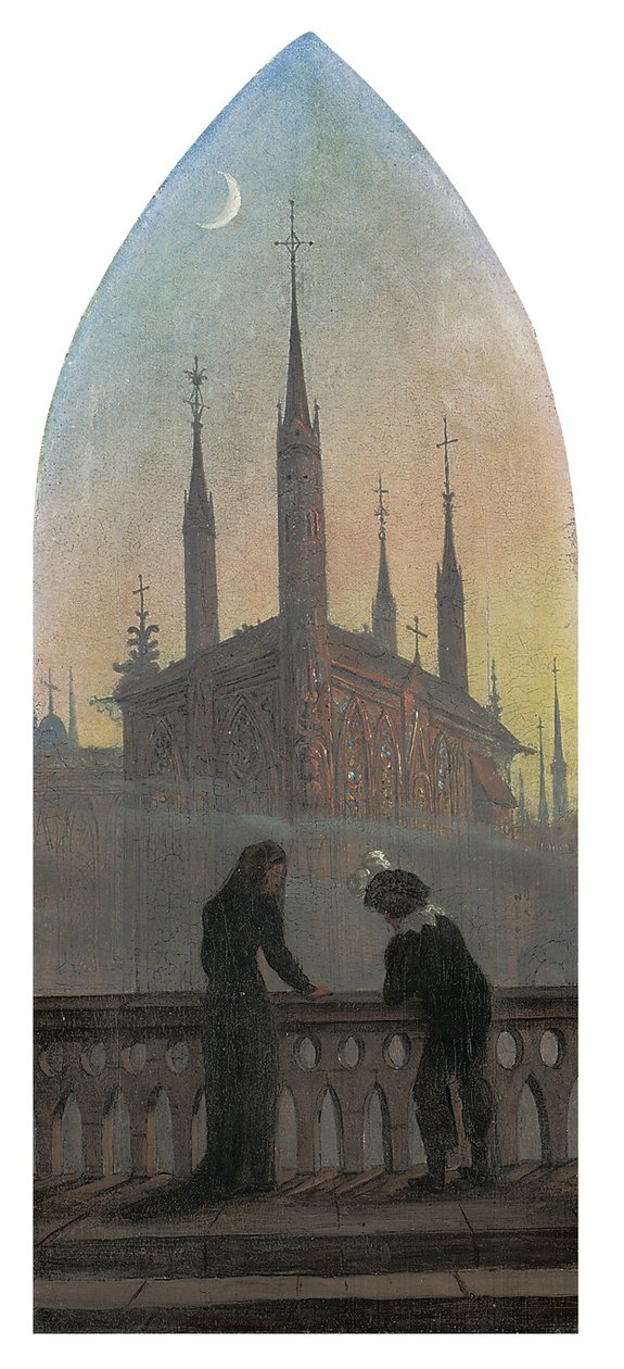 Bir ortaçağ kasabasının tefekkürinde eski Alman elbiseli insanlar by Karl Gustav Carus