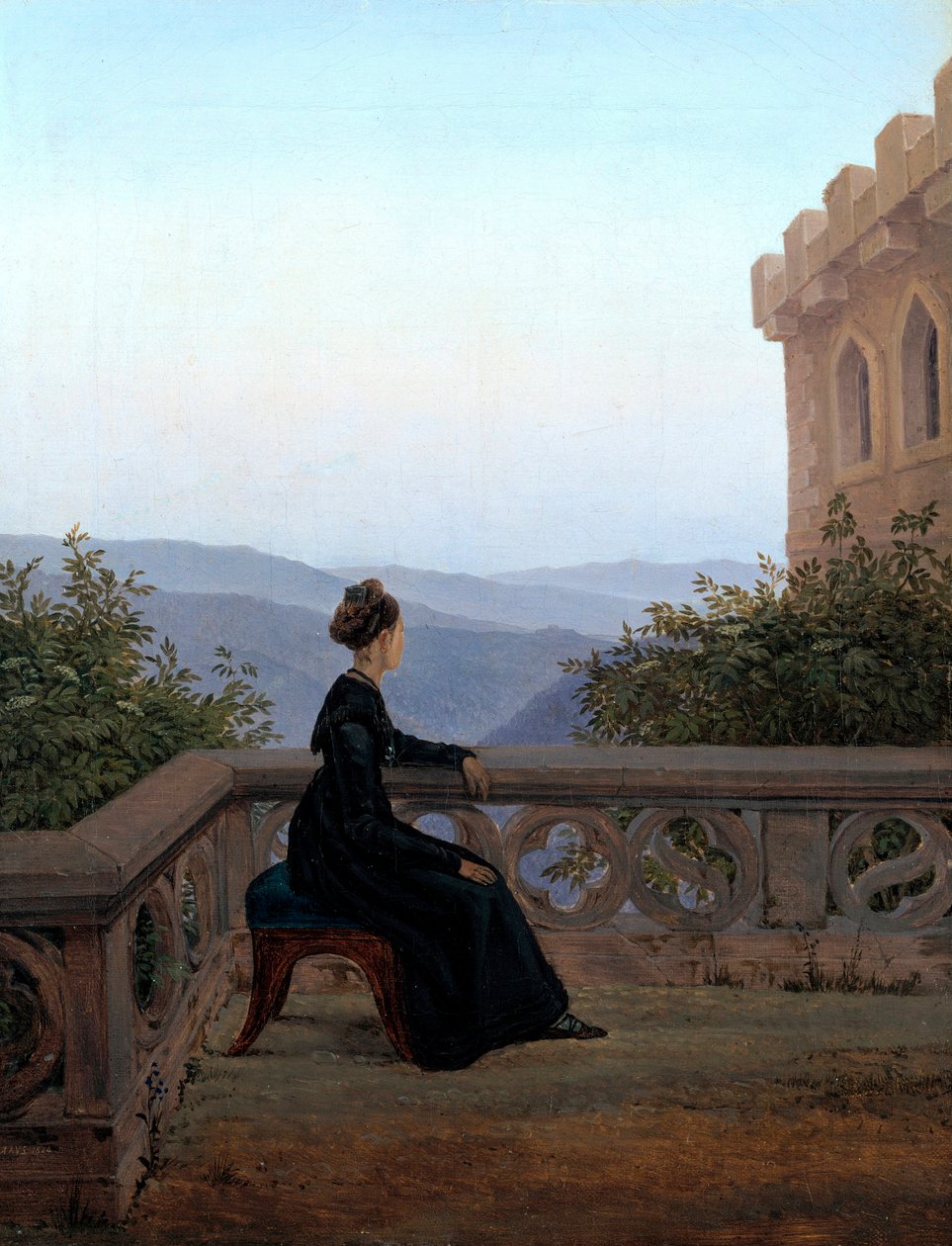 "Terastaki Kadın Portresi" (Balkondaki Kadın) Tablo Carl Gustav Carus (1789-1869) Tuval üzerine yağlı boya 1824 Dim 42x32 cm Devlet Sanat Galerisi, Dresden by Karl Gustav Carus
