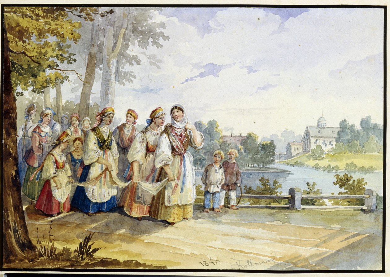 Festival Elbiseli Rus Köylü Kızları. Karl Ivanovich Kolmann (1786-1846), karton üzerine suluboya çalışması by Karl Ivanovich Kolmann