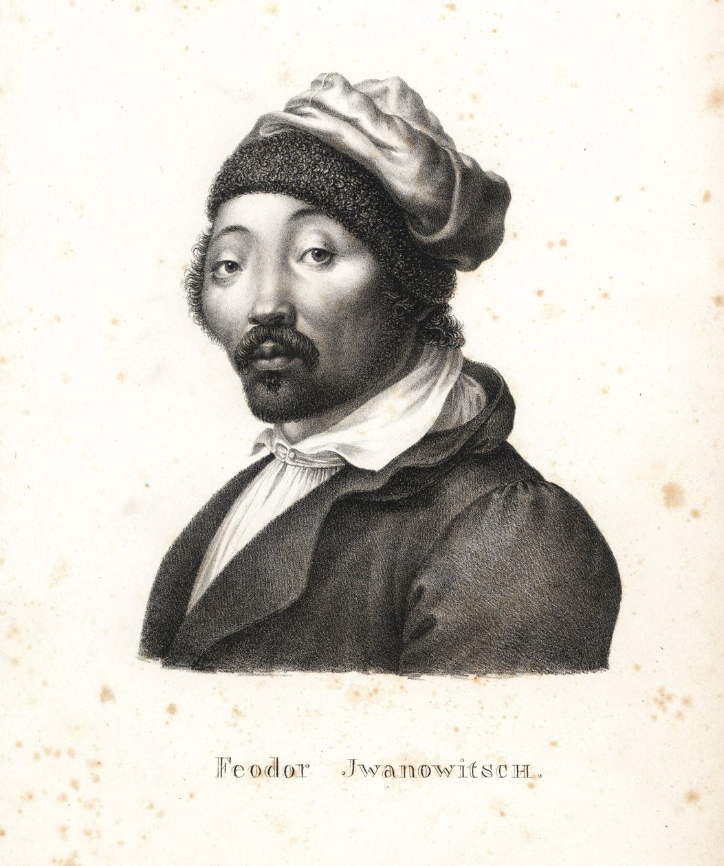 Ruslar tarafından kaçırılan ve daha sonra ressam ve bakır levha oymacısı olan Kalmık göçebesi Feodor Jwanowitsch. Heinrich Rudolf Schinz'in Illustrated Natural History of Men and Animals kitabından Karl Joseph Brodtmann'ın litografisi by Karl Joseph Brodtmann