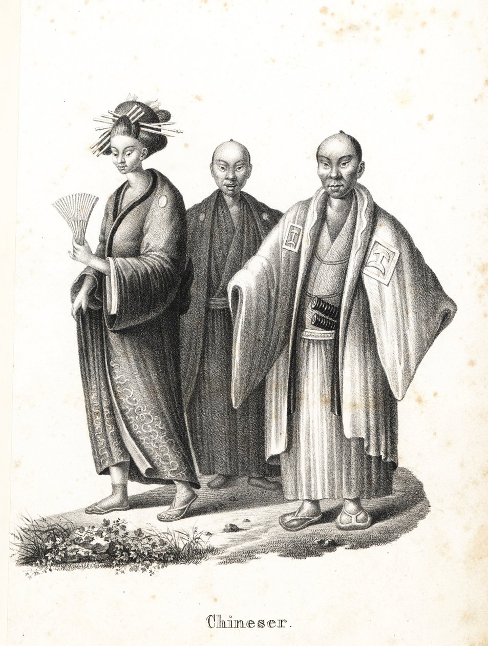 Japon oiran ve samuray. Yelpaze ve saç süslemeli kimonolu Japon fahişe ve kemerlerinde iki kılıç (katana) ile hakama üzerine montsuki giyen chonmage saç stilinde iki Japon samuray. (Yanlışlıkla Çince olarak adlandırılmıştır.) Litografi, Karl Joseph by Karl Joseph Brodtmann