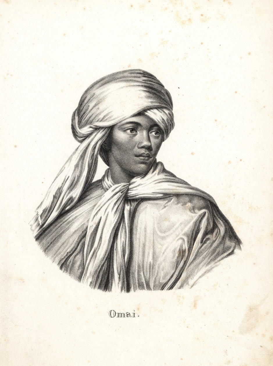 Mai veya Omai, genç Ra'iatean adam, Society Adaları, türbanlı ve pelerinli. Ahu-toru'dan sonra Avrupa'yı ziyaret eden ikinci Pasifik Adalı. Heinrich Rudolf Schinz'in Illustrated Natural History of Men and Animals kitabından Karl Joseph Brod by Karl Joseph Brodtmann