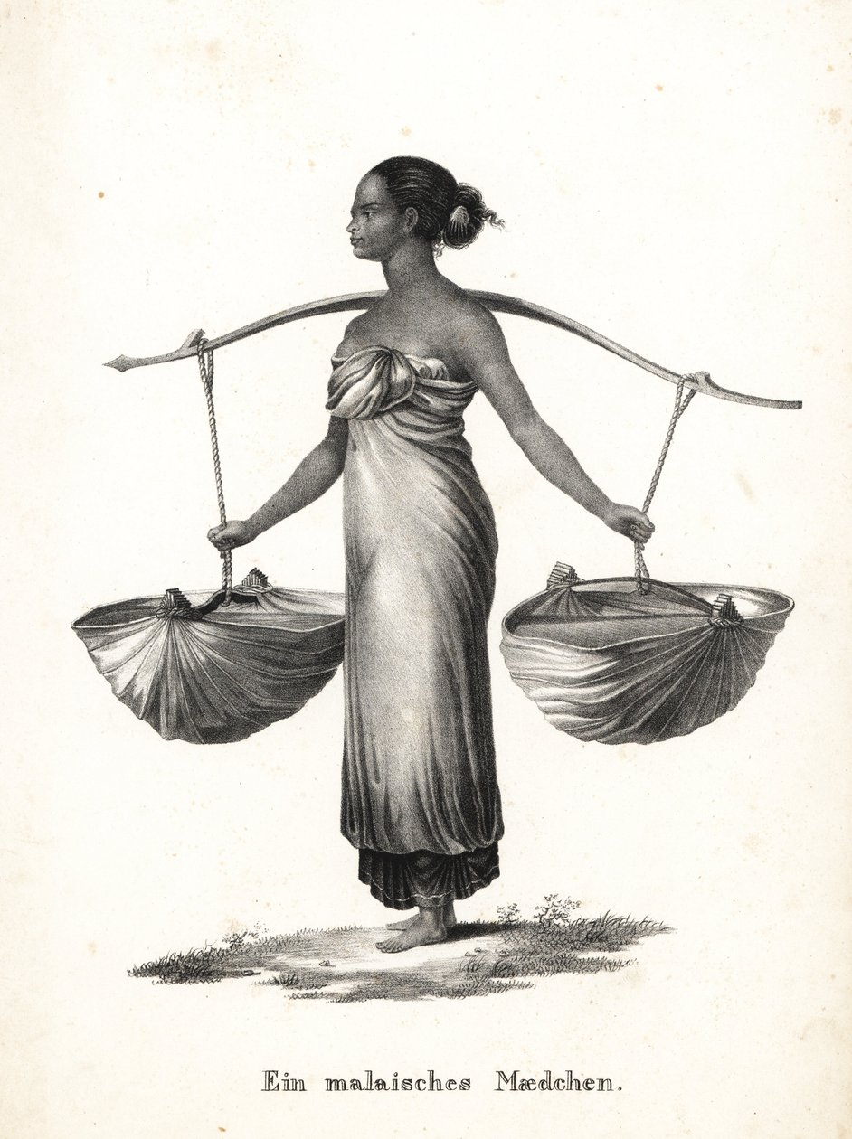 Saçları bir boyunduruktan spor ayakkabı taşıyan Malay kız bağladı. Heinrich Rudolf Schinz'in Illustrated Natural History of Men and Animals kitabından Karl Joseph Brodtmann'ın litografisi by Karl Joseph Brodtmann