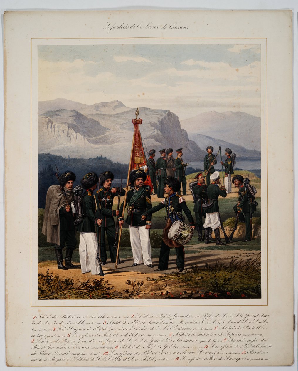 Infanterie de l'armee du Caucase - Rus Kafkas Ordusu Piyadeleri - Piratsky, Karl Karlovich (1813-1889) - 1867 - Renkli litografi - 56x45 - Özel Koleksiyon by Karl Karlovich Piratsky
