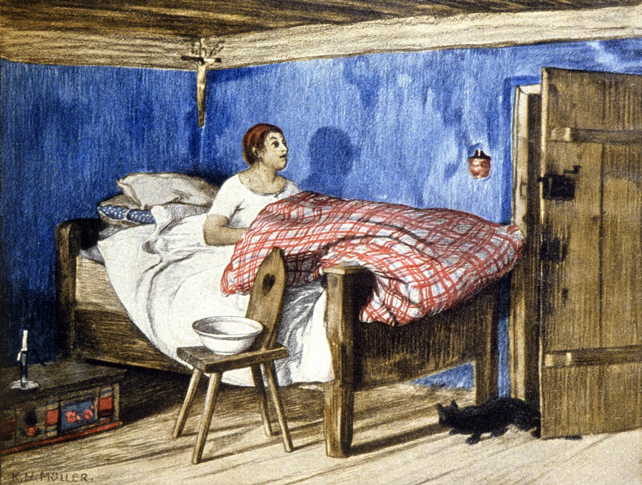Bir kadını yatak odasında ziyaret eden kedi, 20. yüzyılın başları (resim) by Karl L. H. Müller