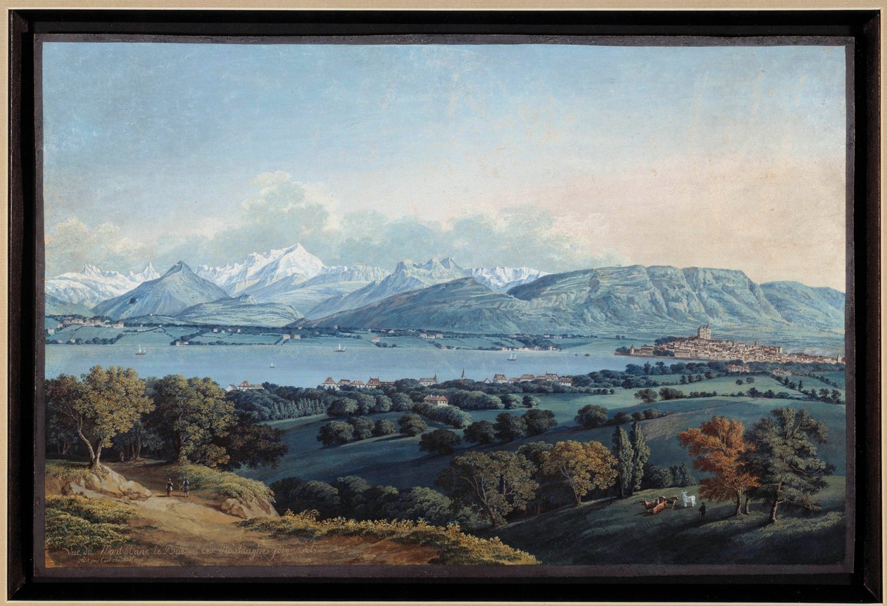 Leman Gölü ve Mont Blanc Suluboya ile Cenevre Manzarası, Karl Hackert (1740-1800) 19. yüzyıl Özel Koleksiyonu by Karl Ludwig Hackert
