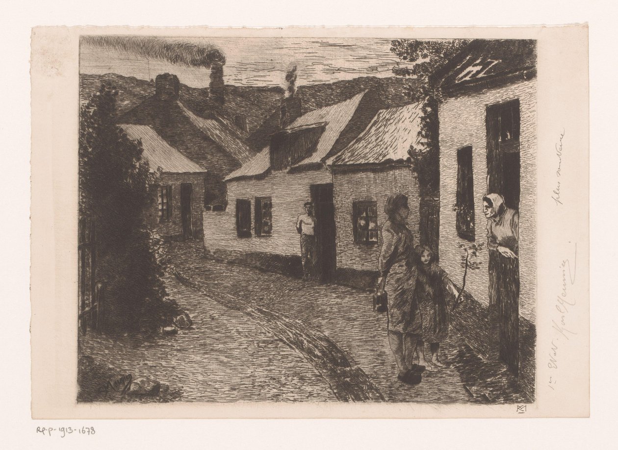 Anne ve kızı bir işçi sınıfı mahallesinde kapı kapı dolaşıyorlar by Karl Meunier