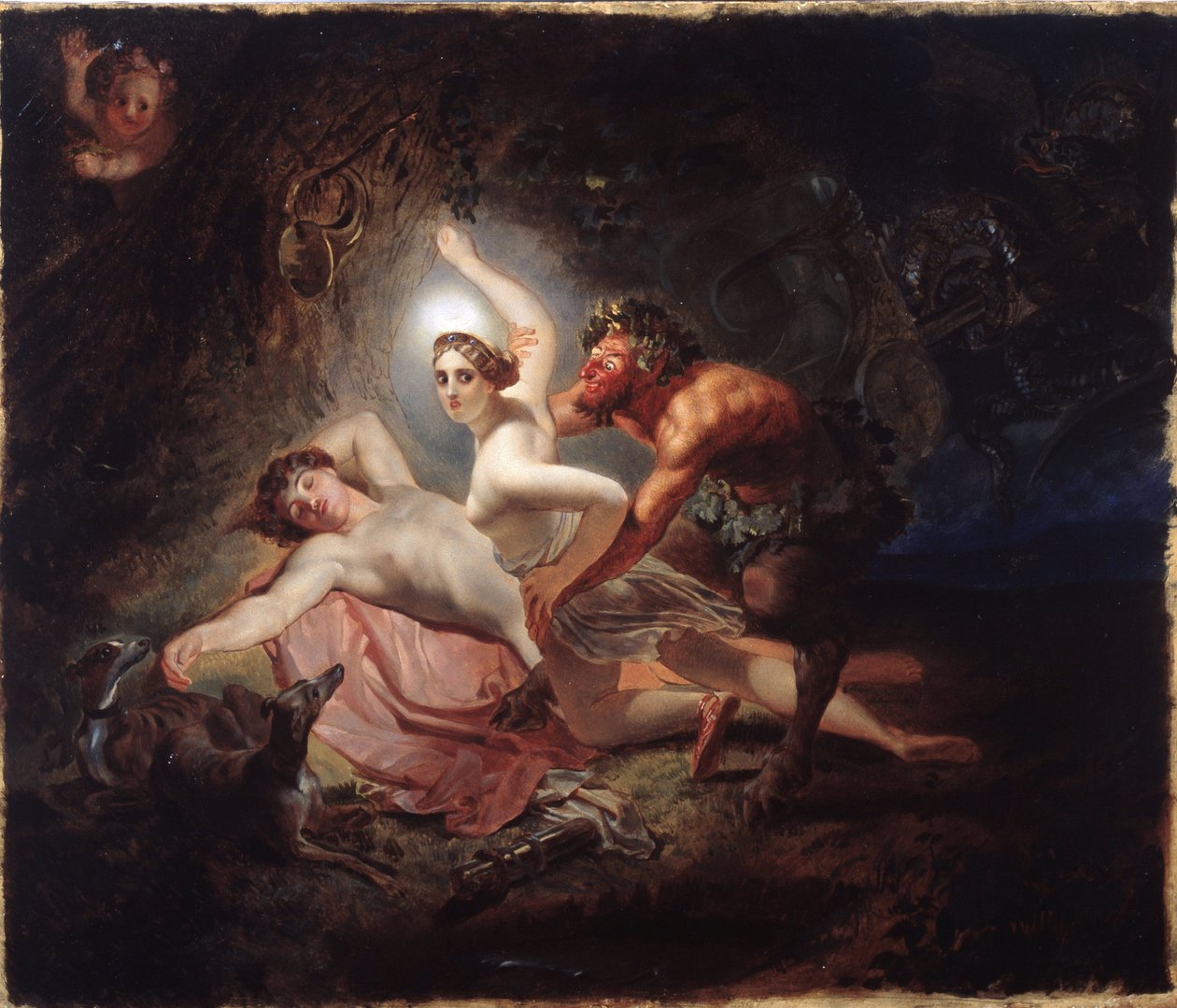 Diana, Endymion ve Satyr (Diana, Endymion ve Satyr) - Karl Pavlovich Briullov (Briullov) (1799-1852), karton üzerine yağlı boya by Karl Pavlovich Bryullov