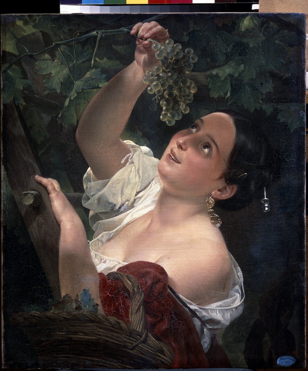 Orta İtalyan günü (İtalyan öğlen). Genç Kadın, Çıplak Omuz, Bir Salkım Üzüm Toplama - Resim Karl Pavlovich Briullov (Briullov) (1799-1852) - Tuval üzerine yağlı boya by Karl Pavlovich Bryullov