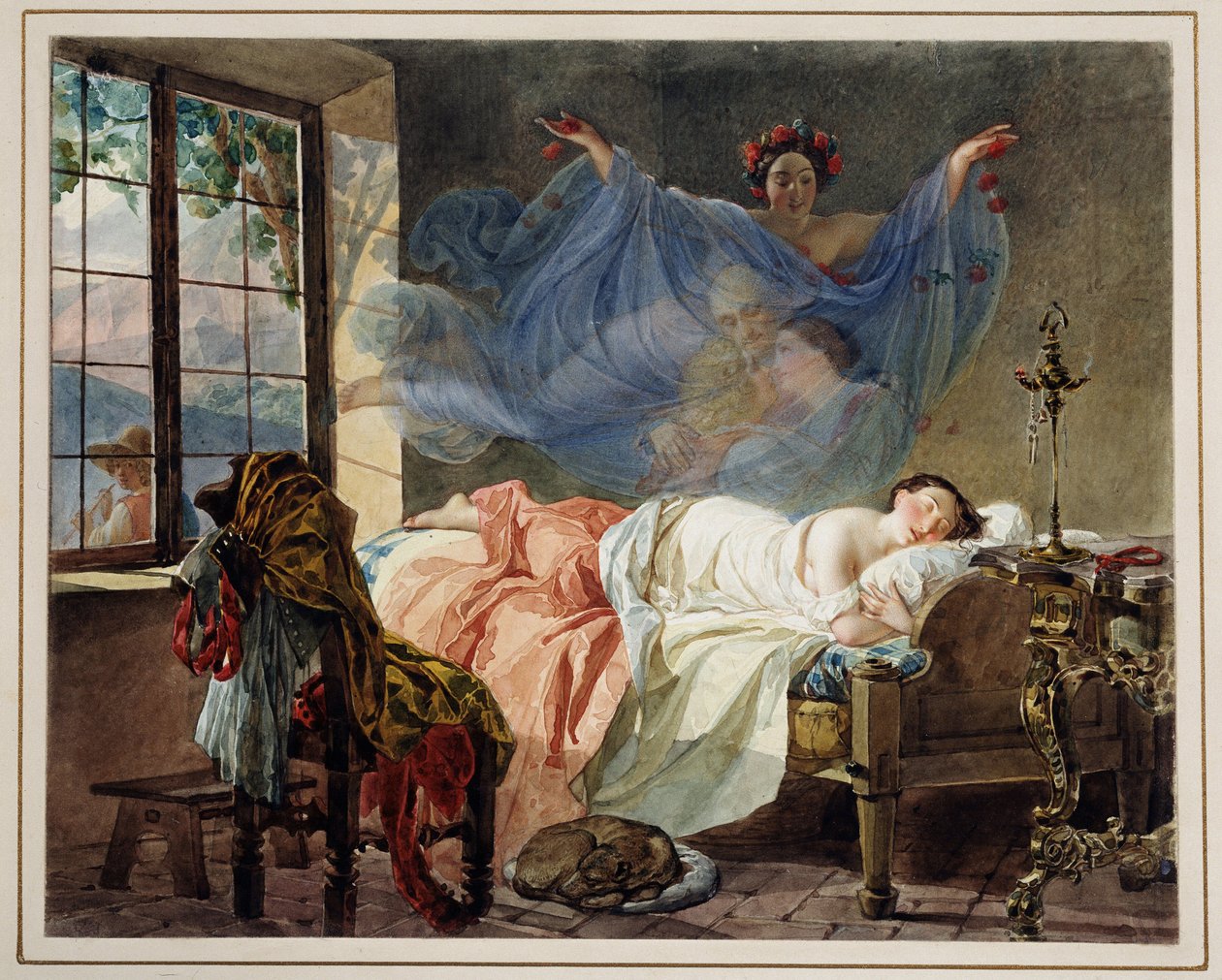 Şafakta genç bir kızın hayalleri - Karl Pavlovich Briullov (Brioullov) (1799-1852) tarafından yapılan çalışma - Karton üzerine suluboya by Karl Pavlovich Bryullov