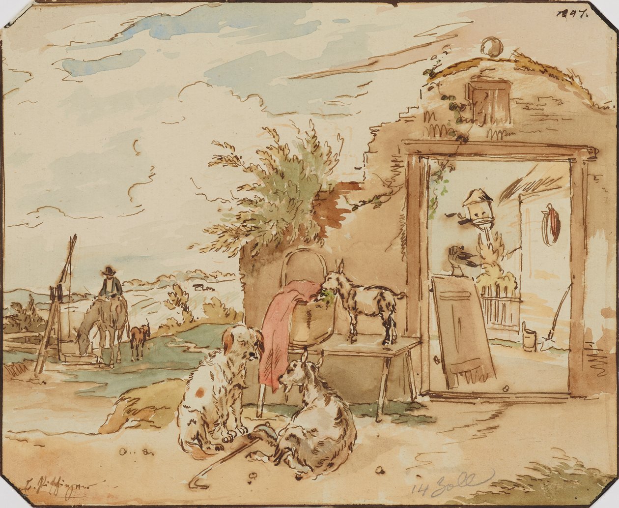 Kırsal idil, keçi, köpek, bir kuyuda at ile çiftlik evi by Karl Pischinger
