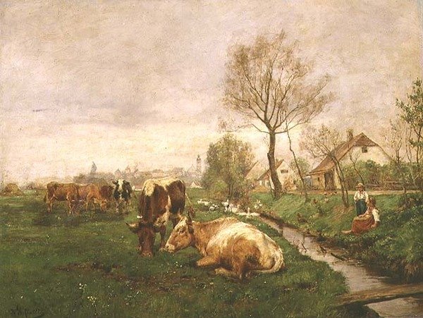 İnekler ve Bir Dere ile Manzara by Karl Stuhlmuller