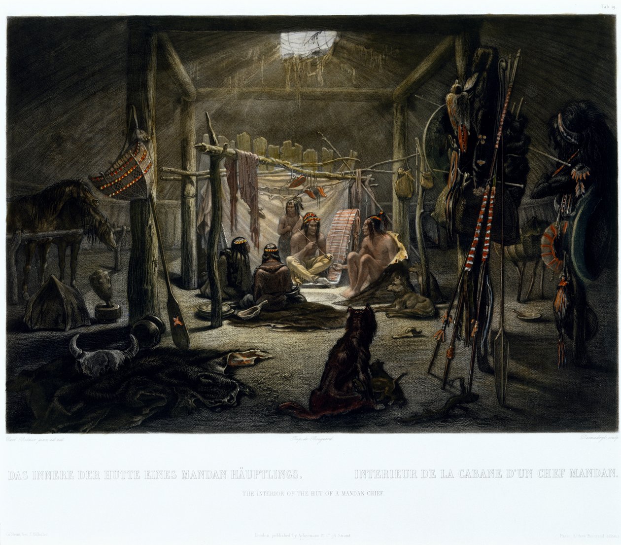 Bir Mandan Şefinin Kulübesinin İçi, Narcisse Edmond Desmadryl (d.1801) tarafından 1835 dolaylarında gravür (aquatint ile gravür) by Karl after Bodmer