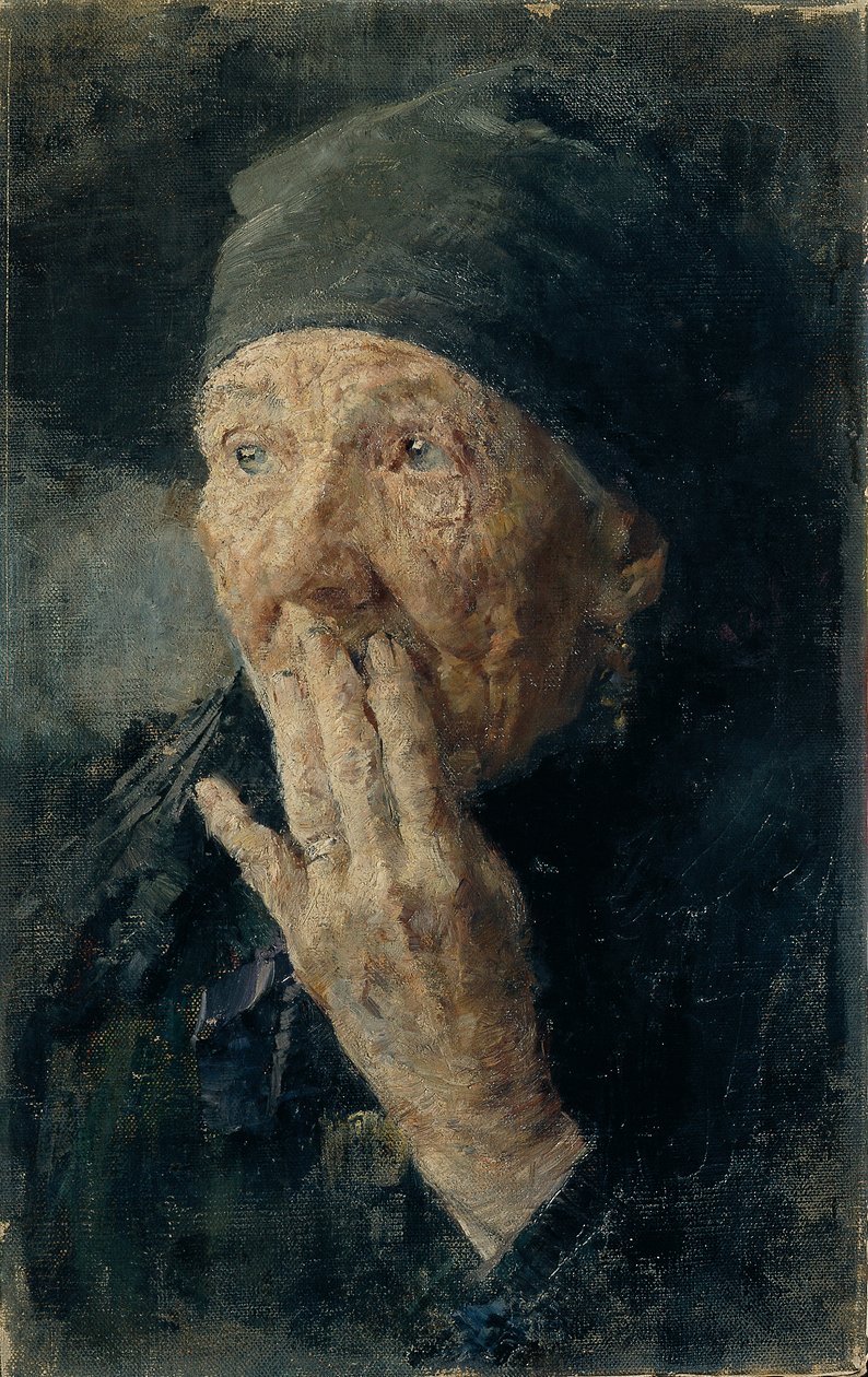 Eli ağzına kapatılmış yaşlı bir kadının başı. by Karoline Kubin