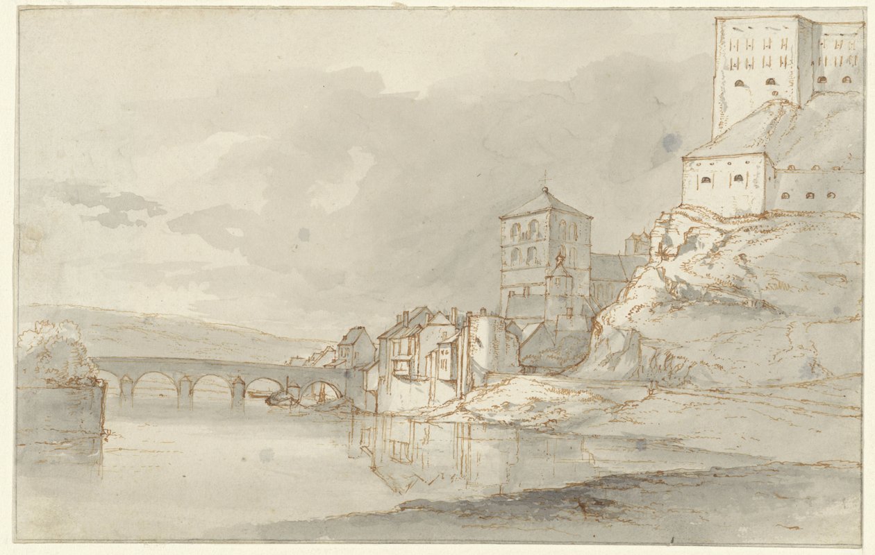 Sağ kıyısında kemer köprüsü ve surlarla nehir manzarası by Kasparus Karsen (possibly)