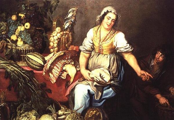 Meyve, Sebze ve Tavuk Tutan Bir Kız ile Mutfak Natürmort by Kasper or Gaspar van den Hoecke
