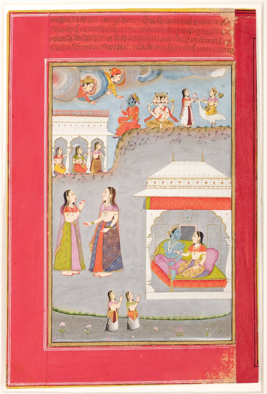 Labdhapraudha Nayika: Bir pavyondaki aşıklar, yukarıda Kama, Brahma ve Sarasvati, 1750 (kağıt üzerinde opak wc ve altın) by Kassam