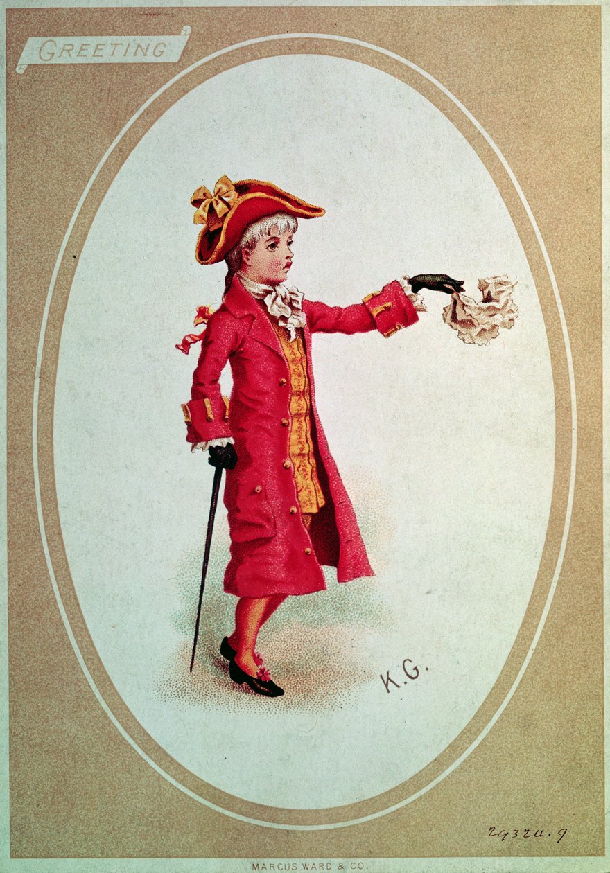 Boy Dressed in Scarlet (Victorian card) by Kate Greenaway