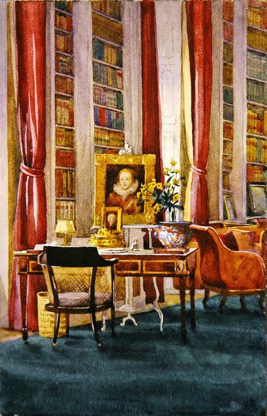 Kütüphane, Althorp, Northamptonshire, c.1890 (kağıt üzerine suluboya) by Kate Barnard