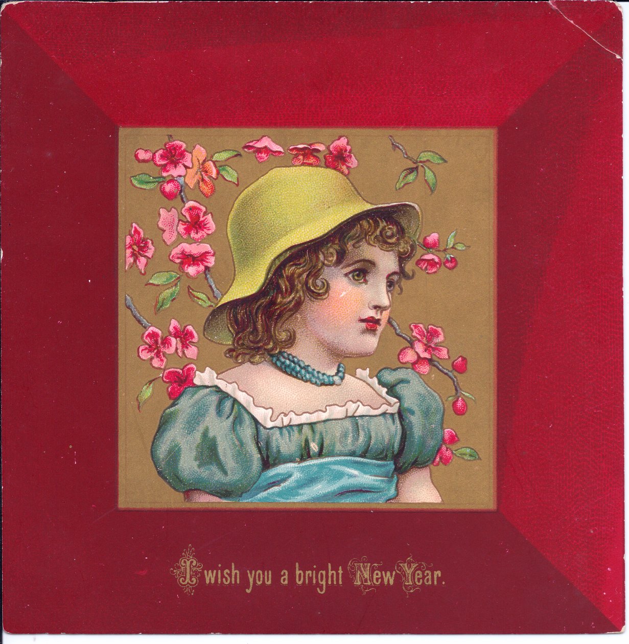 Naiplik kıyafetleri giymiş bir kızın elinde bir buket çiçek tutan Viktorya dönemi Noel kartı, 1880 dolayları by Kate Greenaway