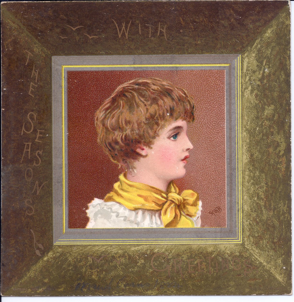 Naiplik giysili, mavi şapkalı bir kızın Viktorya Dönemi Yeni Yıl kartı, c.1880 by Kate Greenaway