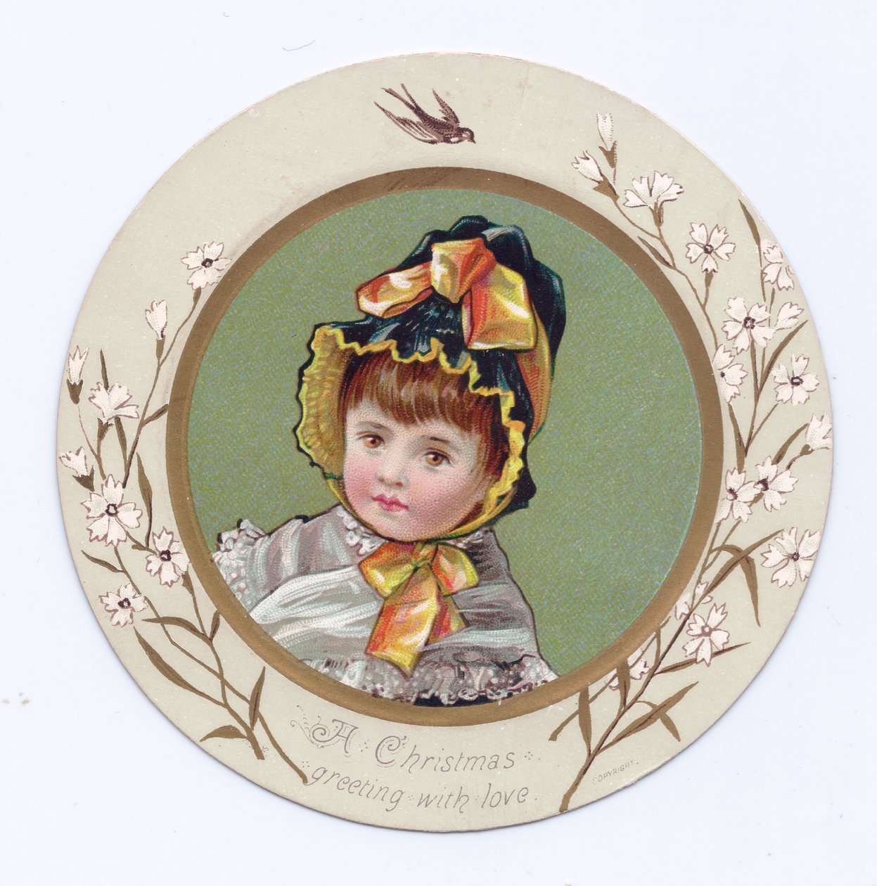 Kolunu bir kitaba bakan bir kıza dolamış bir çocuğun Viktorya dönemine ait bir tebrik kartı, 1880 dolayları by Kate Greenaway