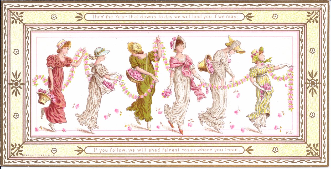 Boynunda sarı bir eşarp olan bir çocuğun Viktorya dönemine ait bir tebrik kartı, 1880 dolayları by Kate Greenaway