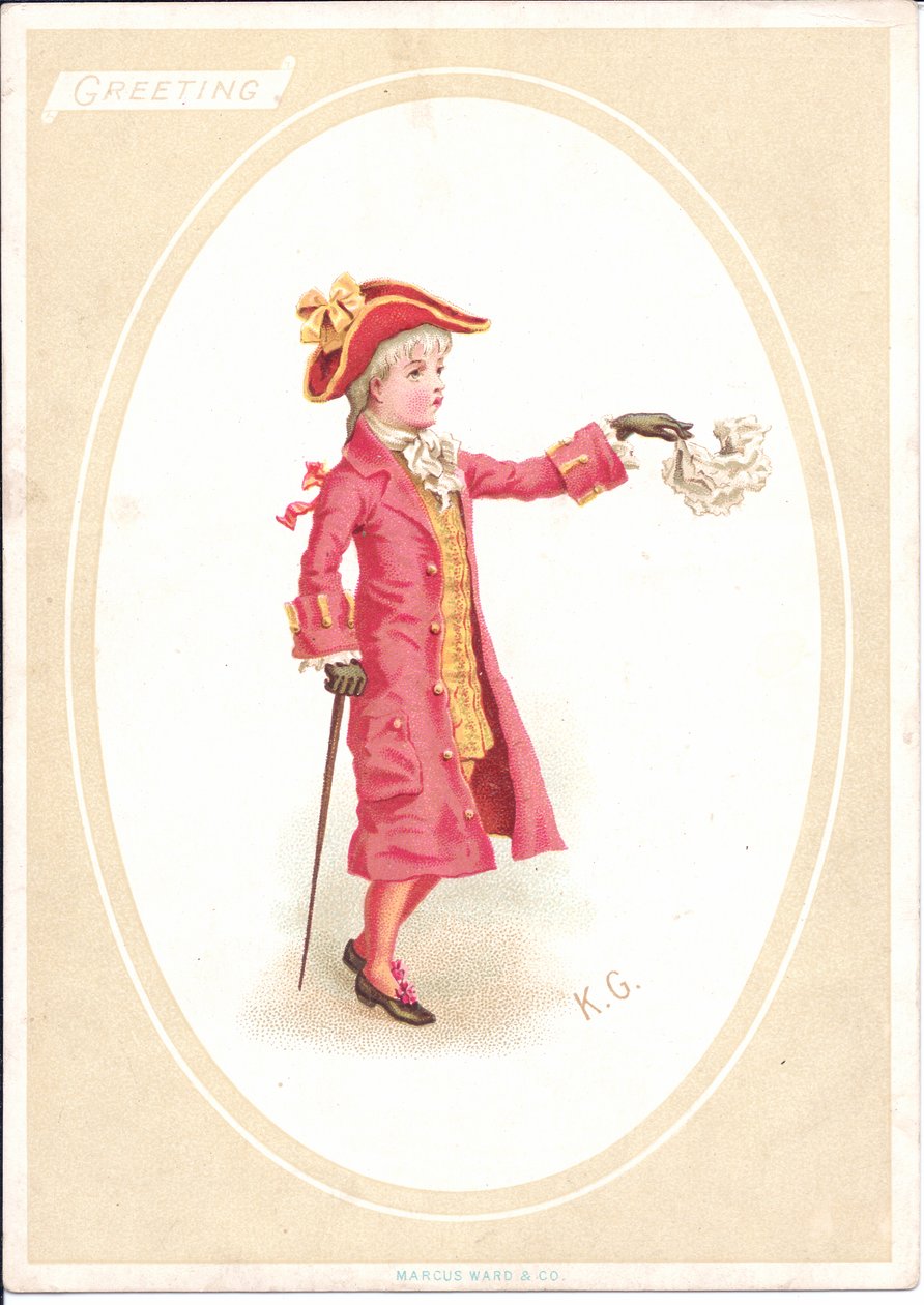 Yemek masasında oturan ve aşçı kılığına girmiş bir çocuğun oyma bıçağını keskinleştirdiği bir Viktorya dönemi tebrik kartı, 1880 dolayları by Kate Greenaway