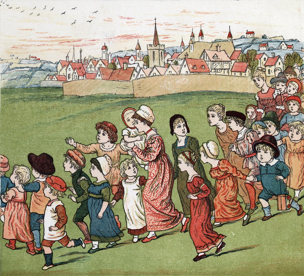 Köyden kaçan bir anne ve çocuk kalabalığı. Edmund Evans tarafından düzenlenen “Pencerenin Altında” (1879) çocuklar için masallar ve tekerlemeler kitabından Kate Greenaway (1846-1901) çizimi. by Kate Greenaway
