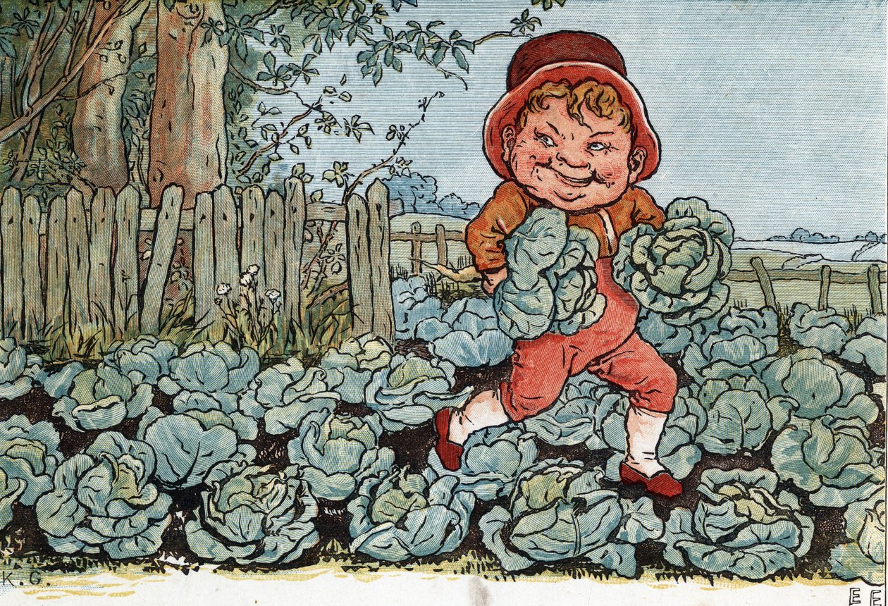 Bir cüce sebze bahçesinden lahana çalar. (Lahana Çalan Bir Goblin). Edmund Evans tarafından düzenlenen “Pencerenin Altında” (1879) çocuklar için masallar ve tekerlemeler kitabından Kate Greenaway (1846-1901) çizimi. by Kate Greenaway