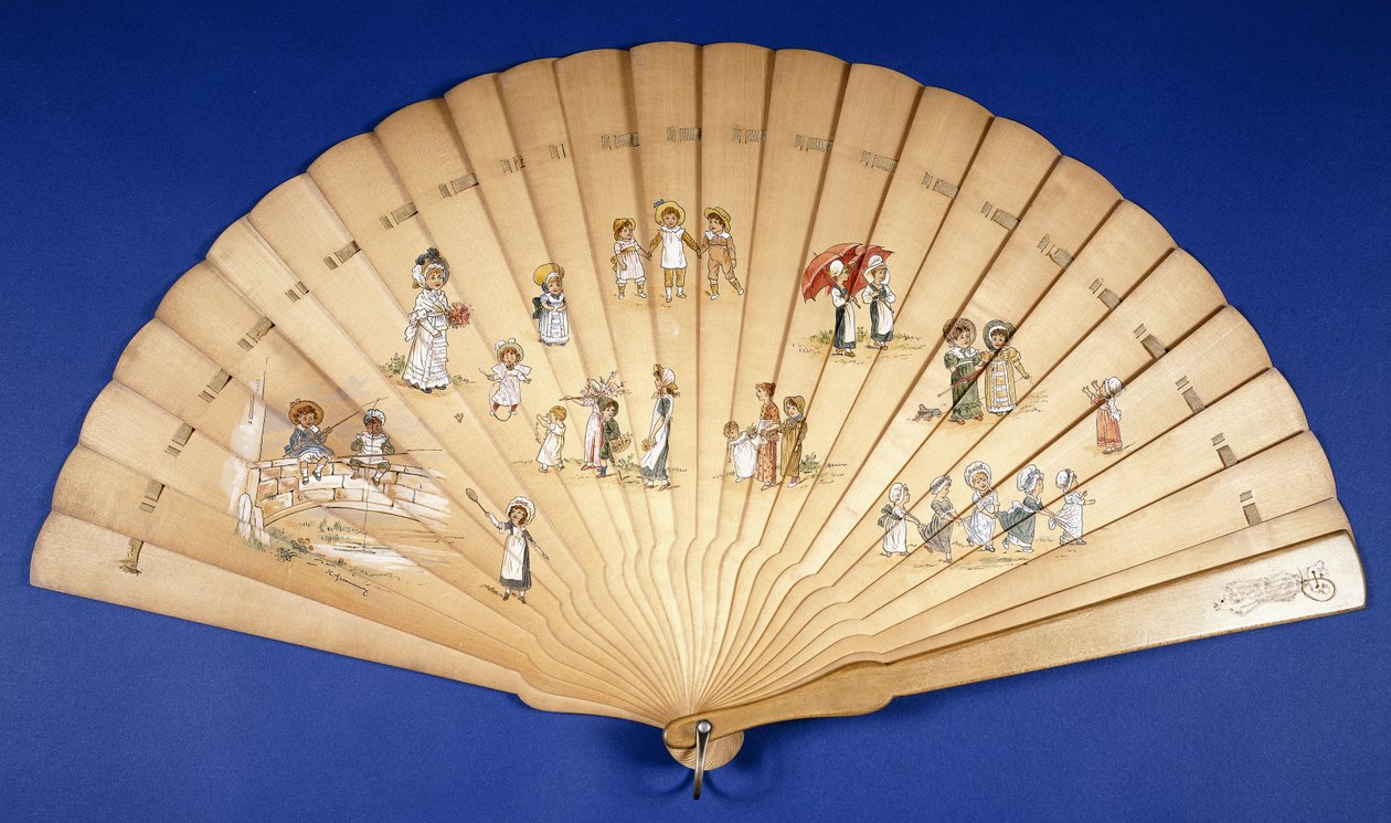 Çeşitli arayışlarda olan çocuk gruplarıyla renklere boyanmış büyük bir ahşap Brise yelpazesi, by Kate Greenaway