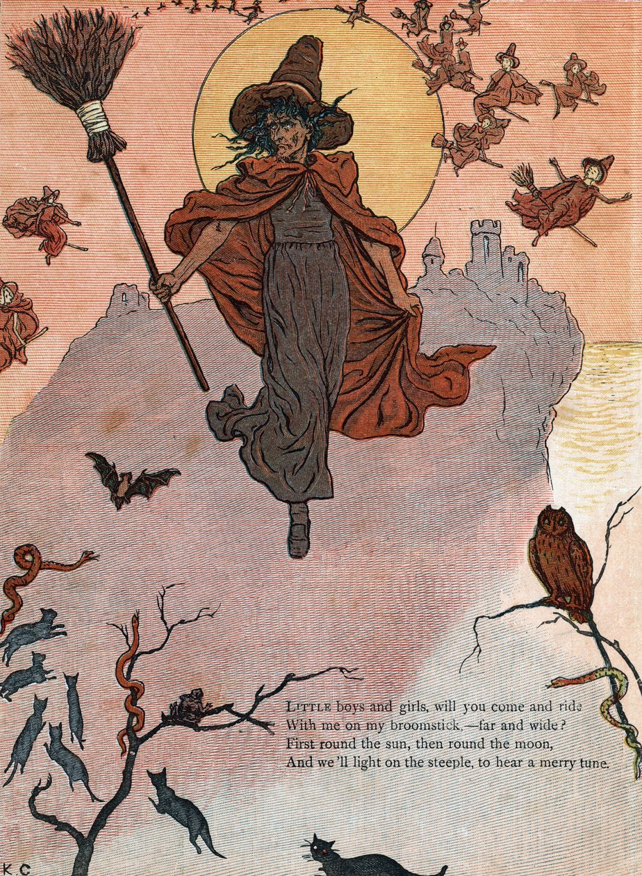 Kara kediler, yarasa ve baykuşla çevrili bir cadı ve süpürgesi. (Küçük oğlanlar ve kızlar, gelip benimle süpürgeme biner misiniz?) ) Kate Greenaway