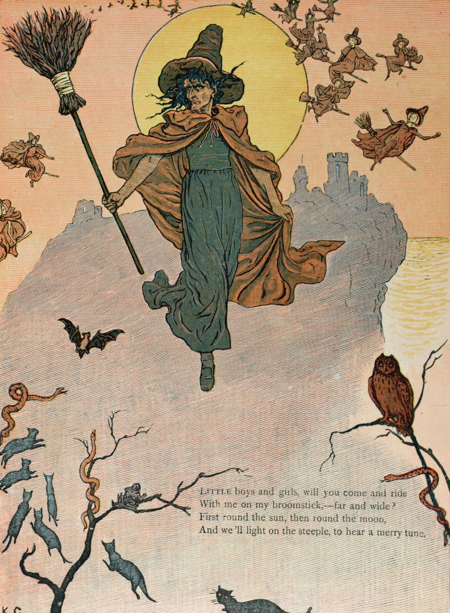 'Küçük oğlanlar ve kızlar, gelip benimle süpürgeme biner misiniz', sanatçının 'Pencerenin Altında' adlı illüstrasyonu, 19. yüzyıl sonu by Kate Greenaway