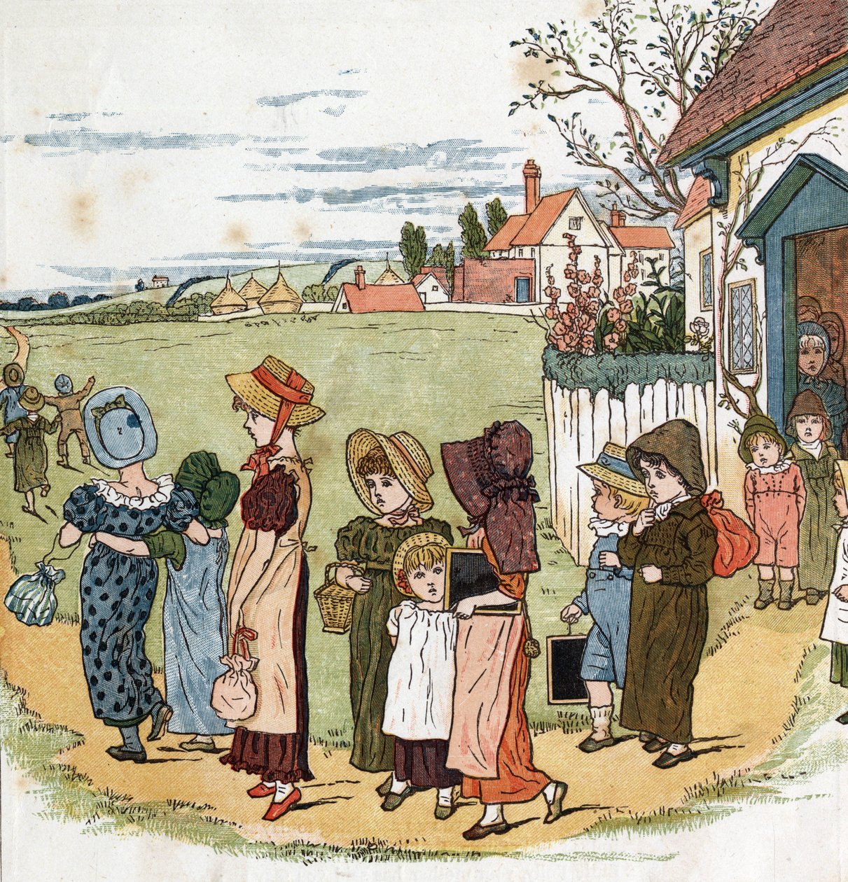 Okul dışında. Edmund Evans tarafından düzenlenen “Pencerenin Altında” (1879) çocuklar için masallar ve tekerlemeler kitabından Kate Greenaway (1846-1901) çizimi. by Kate Greenaway