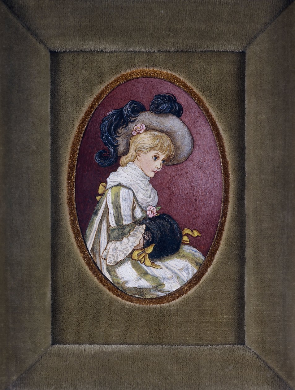 Elleri manşonunun içinde tüylü bir şapka takan sarışın bir kızın oval portresi by Kate Greenaway