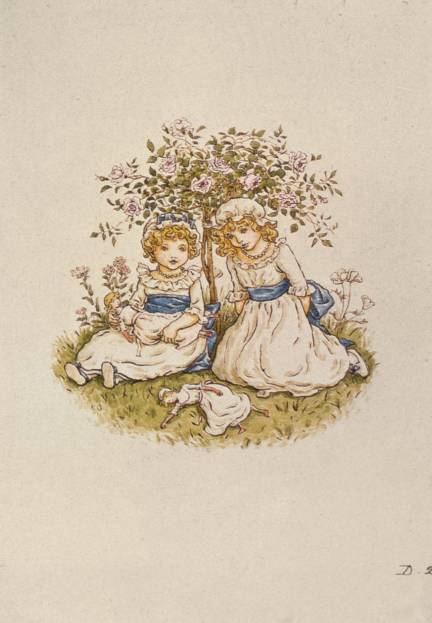 Bir gül çalısının altında oturan oyuncak bebekli iki kız, 19. yüzyıl by Kate Greenaway