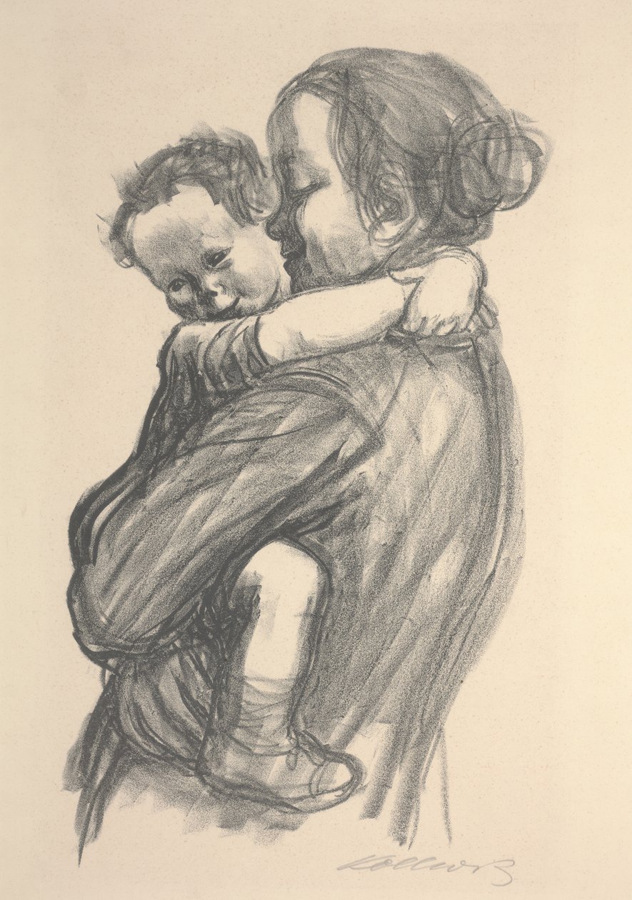 Kolları annesinin boynuna dolanmış çocuk by Käthe Kollwitz