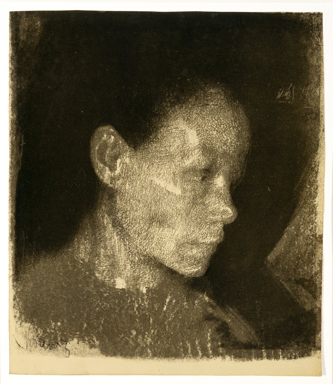 Sağa Dönmüş Üç Çeyrek Profildeki Çalışan Kadın Başkanı, 1905 (kahverengi kağıt üzerinde lito) by Käthe Kollwitz