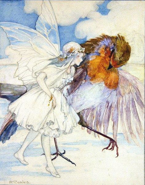 Horoz Robin ve Çiçek Perisi (kalem ve kağıt üzerine sulu boya) by Kathleen Wallis Coales