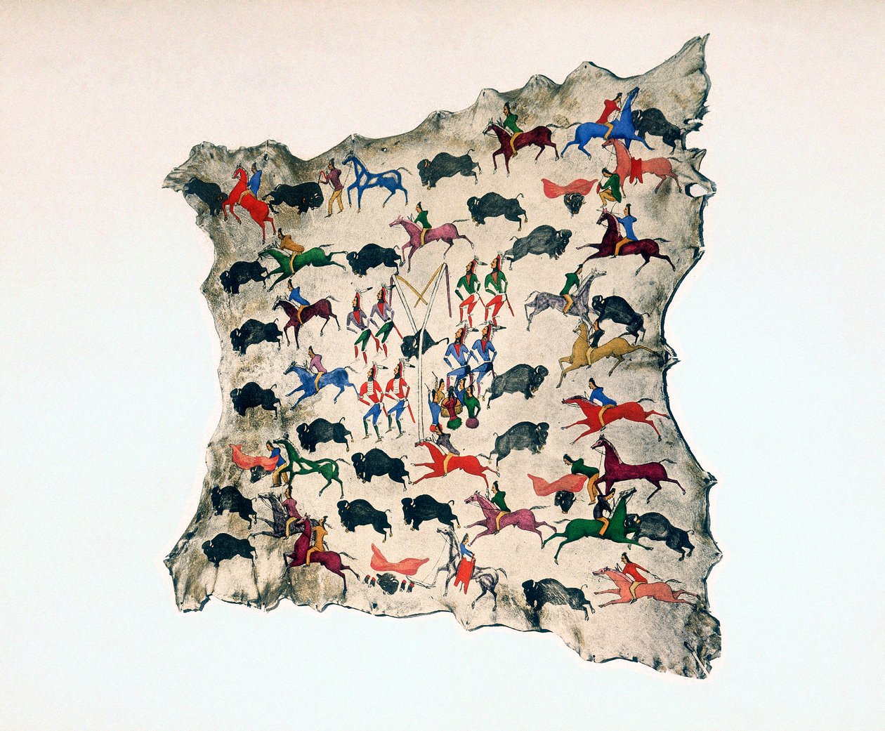 Kuzey Amerika Shoshone Kızılderilisine ait geyik derisi, Buffalo avını gösteriyor, 20. yüzyıl by Katsikodi